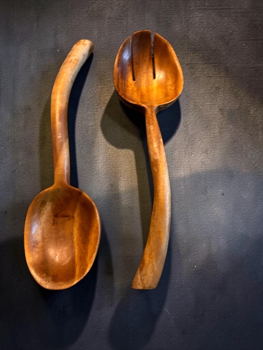 Vintage Hand-Carved Wooden Salad Servers Set Mid-Century Rustic Kitchen Utensils